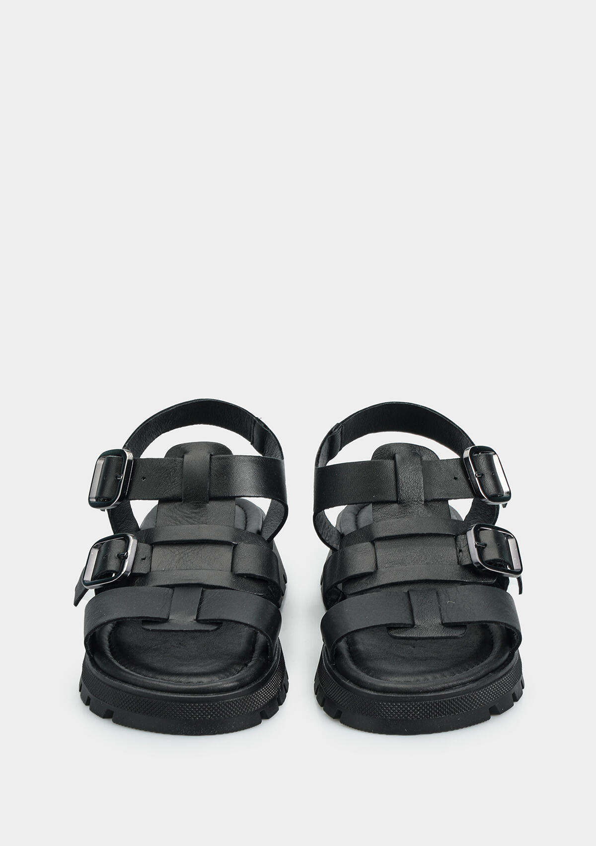 Siyah Deri Kadın Düz Sandalet