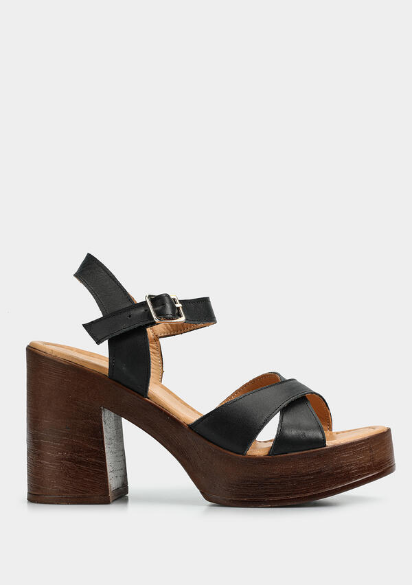 Siyah Deri Kadın Topuklu Sandalet