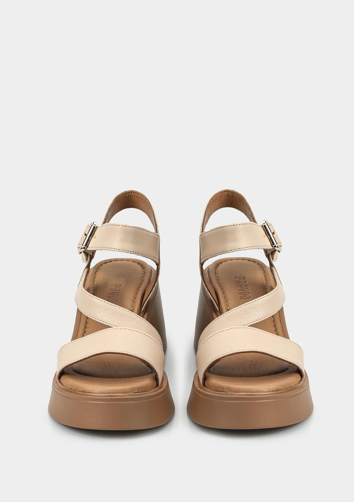 Bej Deri Kadın Topuklu Sandalet