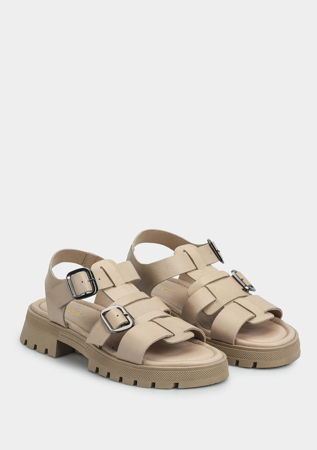 Bej Deri Kadın Düz Sandalet